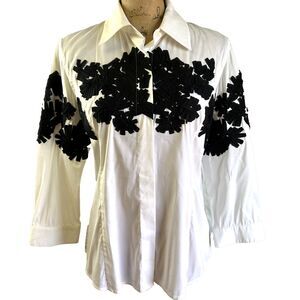 Etcetera Women's White Black Floral Applique  3/4 Sleeve Poplin Blouse Top Sz M